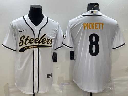 Men%27s Pittsburgh Steelers #8 Kenny Pickett White With Patch Cool Base Stitched Baseball Jersey